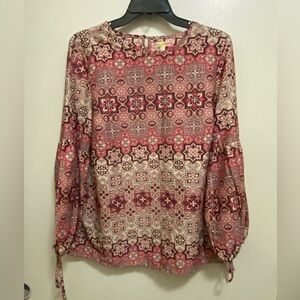 Mini + Daphne Womens Blouse Top M Medium Pink Red Brown Gray Boho Bohemian Print